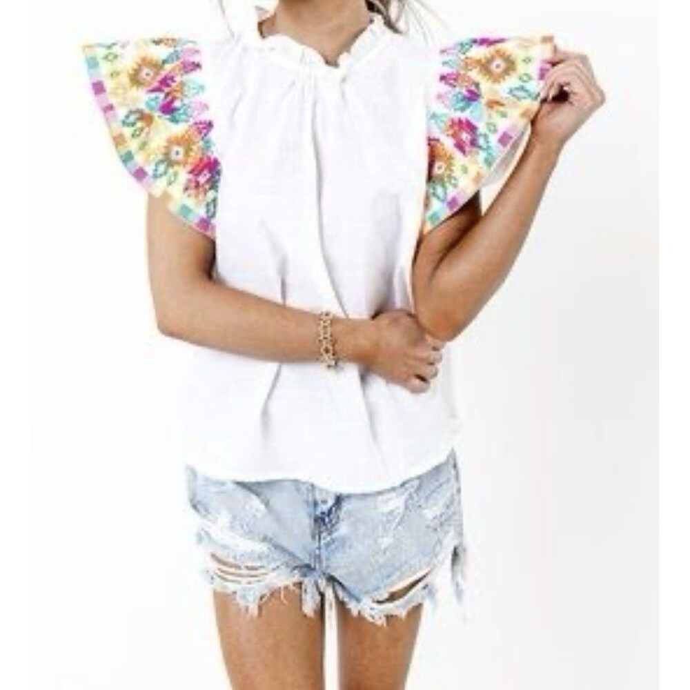 THML Multicolor Embroidered Flutter Sleeve Blouse Size M Medium EUC!!!